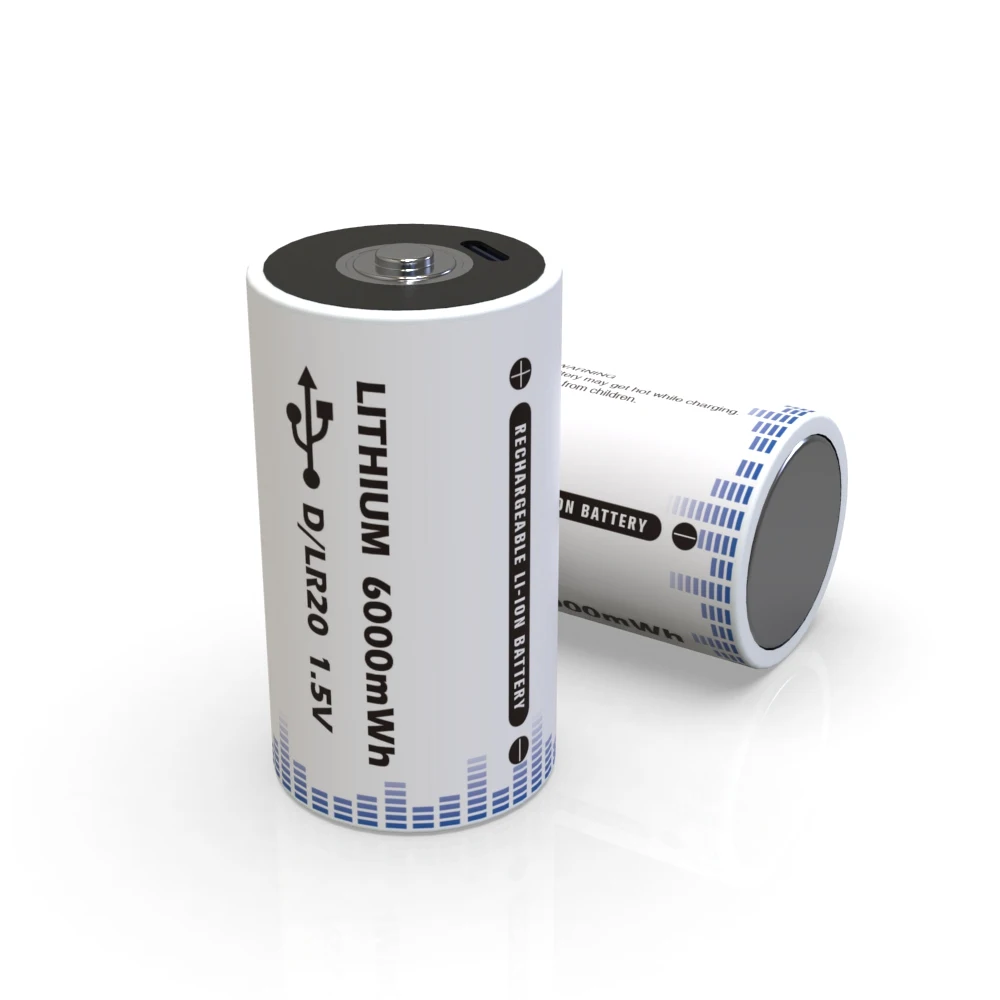 2022 New Products 1.5V 6000mWh USB Charging D1 Size Rechargeable Lithium Li Ion Battery