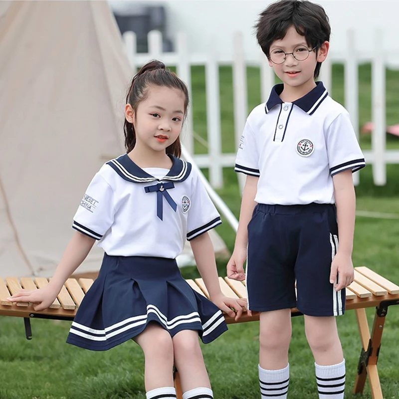 custom design beautiful skirt summer 2 pieces uniform unisex men adults white shirt pleated skirt school uniform set for girls