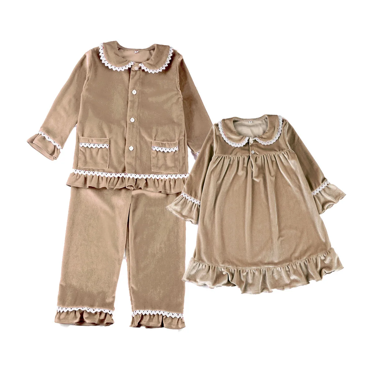 2023 New Fashion Kids Girl Khaki Color Christmas Pyjamas Nightgown Set Winter Sibling Matching Cute Soft Velvet Pajamas