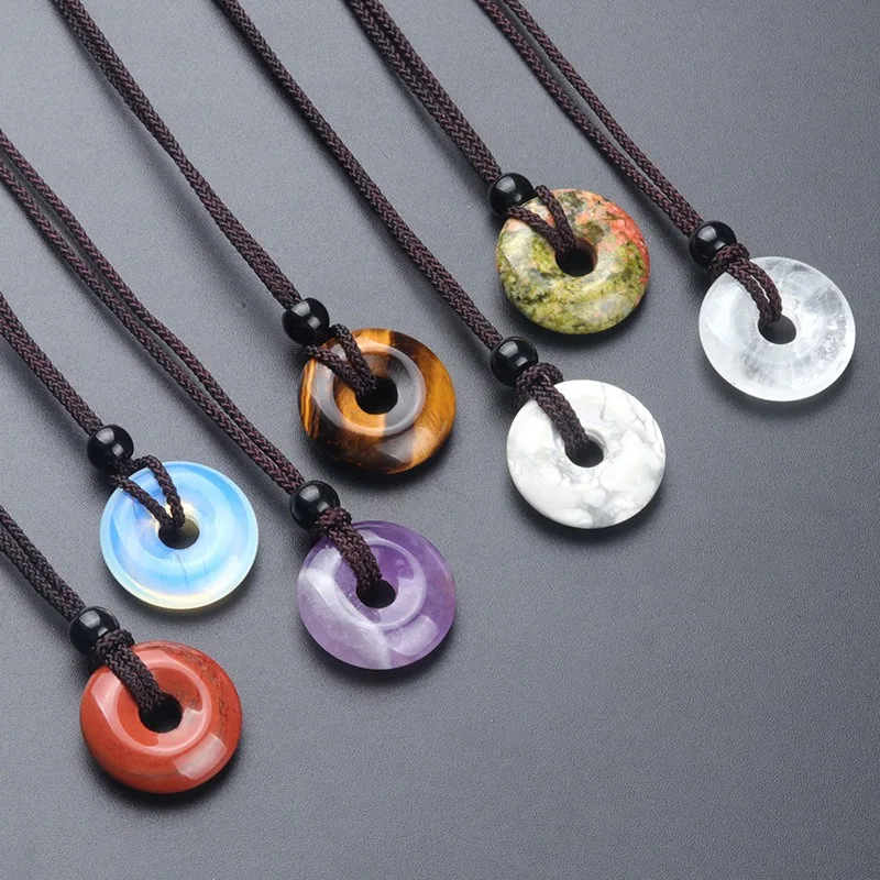 Natural Gemstone Healing Crystal Doughnut Necklace Protection Peace Buckle Pendant Rope Necklace For Him Her