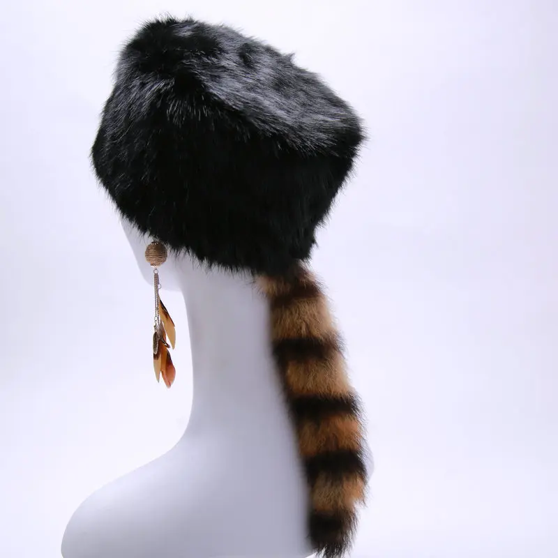 Custom Faux fur and real raccoon tail hat for men   Faux rabbit fur hat with tail