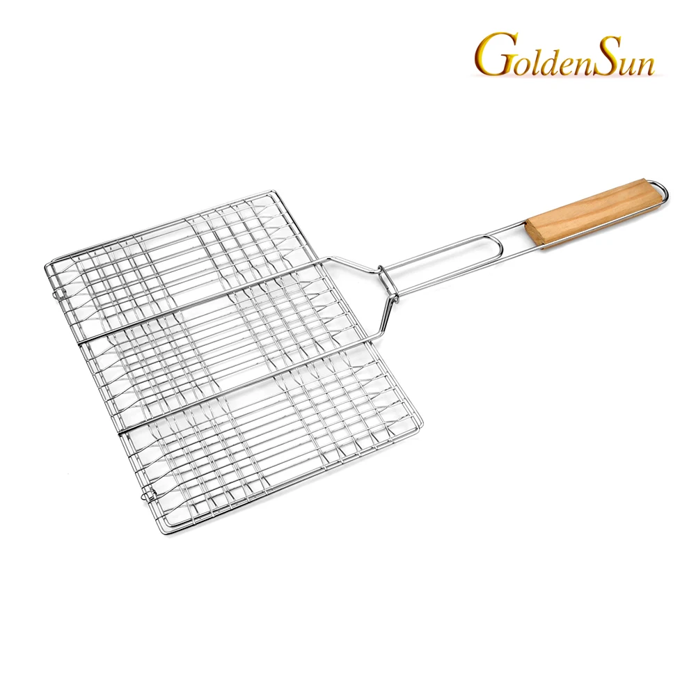 Chrome Plated 6 hamburger BBQ Grilling Basket With Wooden Handle