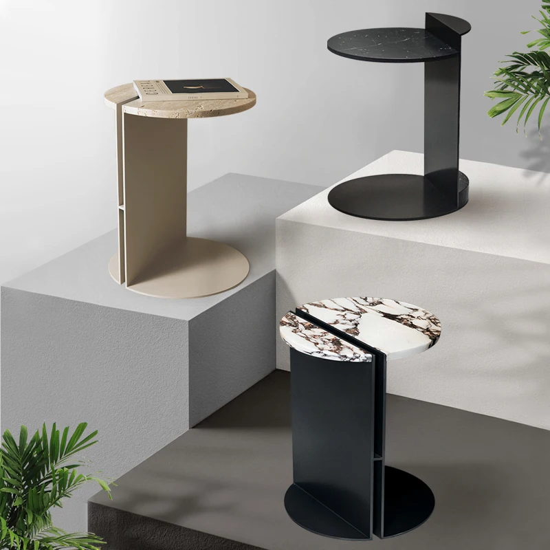 Modern nordic black natural stone metal coffee table milk tea shop living room round side table