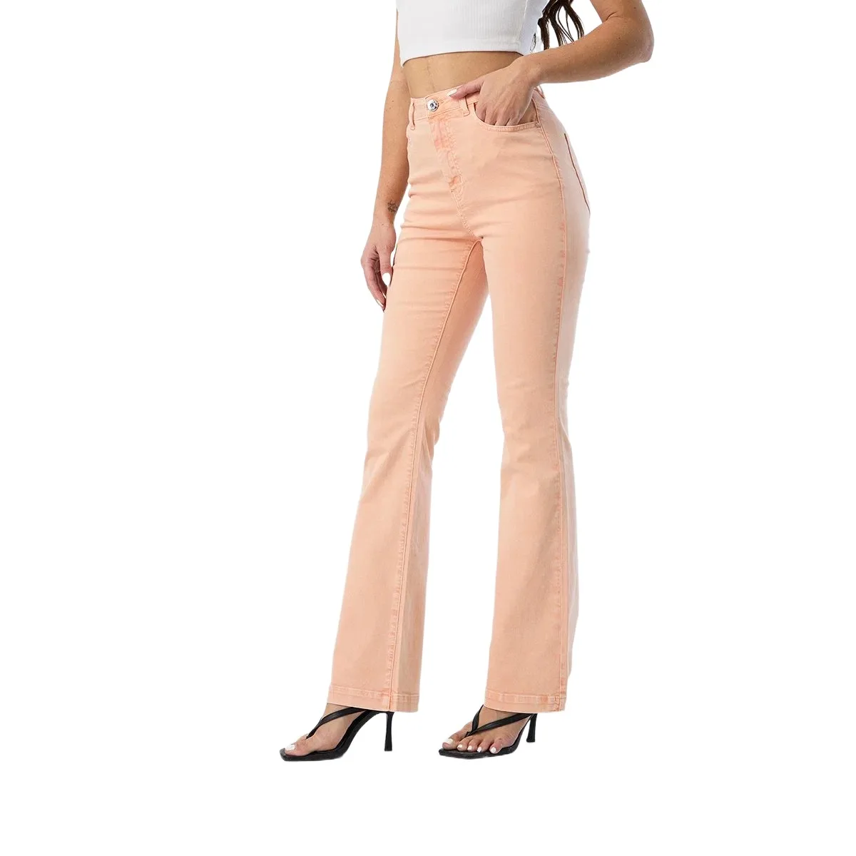 New Fashion Orange Colored High Waist Skinny Flare Jeans for Women Trendy Stretchy Wide Leg Pants Casual