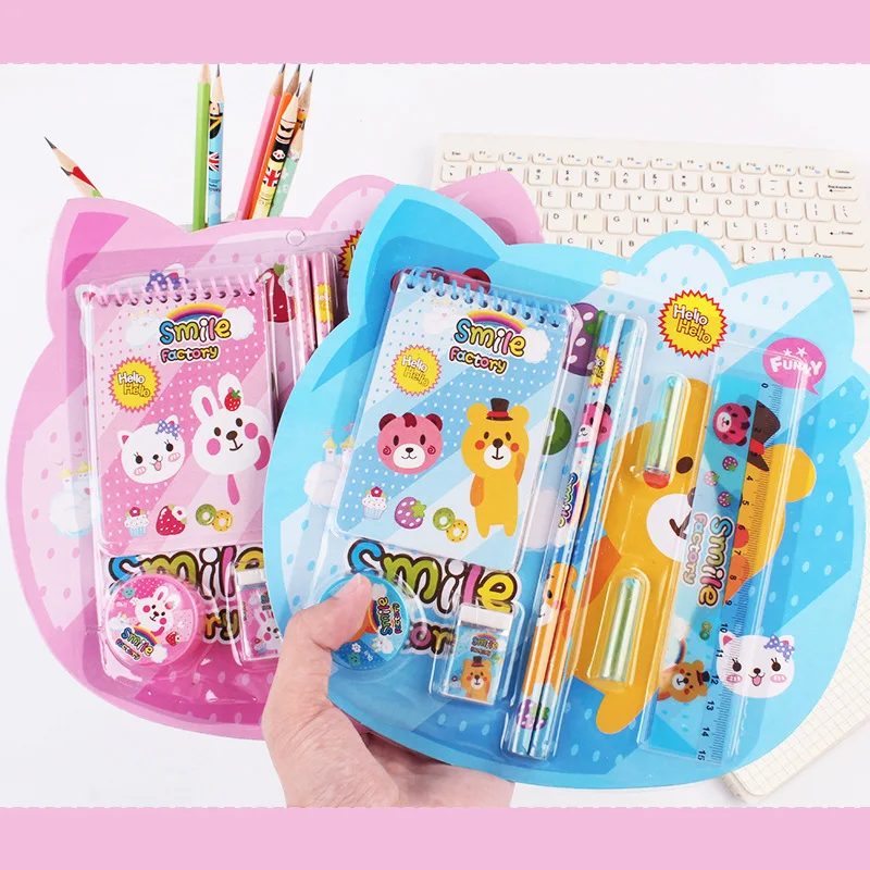 Printable Logo Gift Box Office School Supplies Cartoon Ruler Pencil Sharpener Pencil 8 Piece Stationery Set