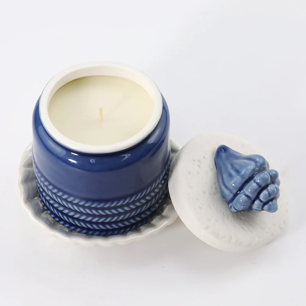 Wholesale OEM scented ceramic candles private labels bright blue with lid custom