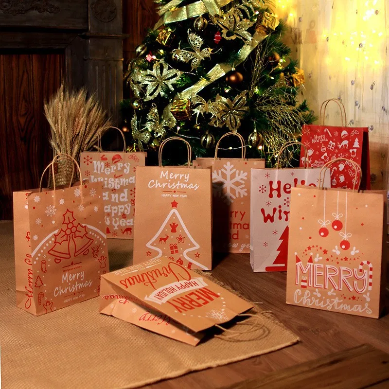 Christmas Treat Tote Cute Kraft Paper Gift Bags with Handle Candy Pouch Goody Bag for Xmas Present