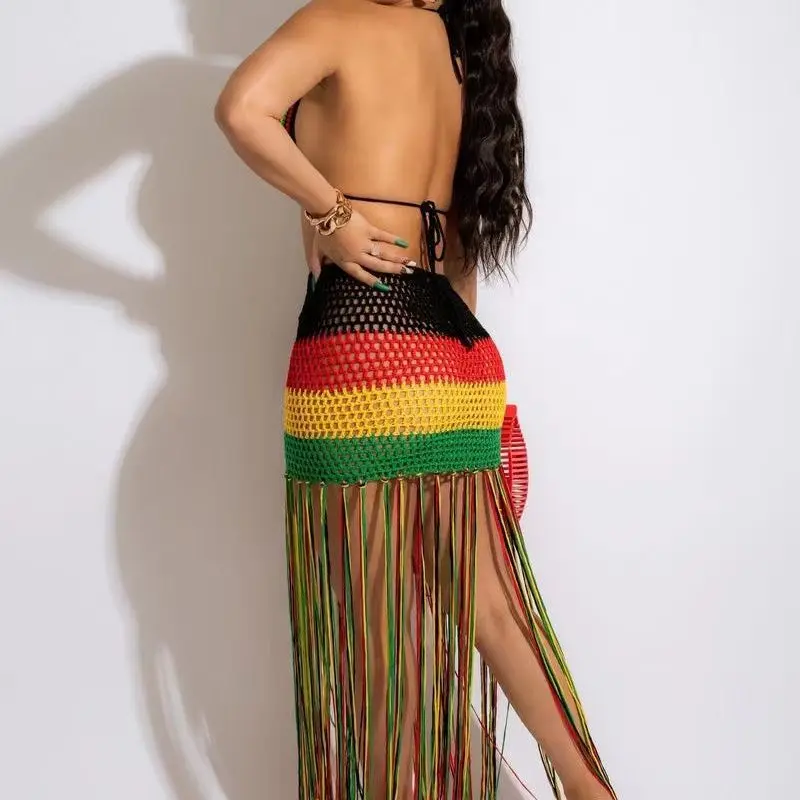 Women Hand Knitted Beach Swimwear Colorful Patchwork Top And Skirt Swimsuit Tassel Crochet Cover Up Bikini Set Swimsuit Bikinis