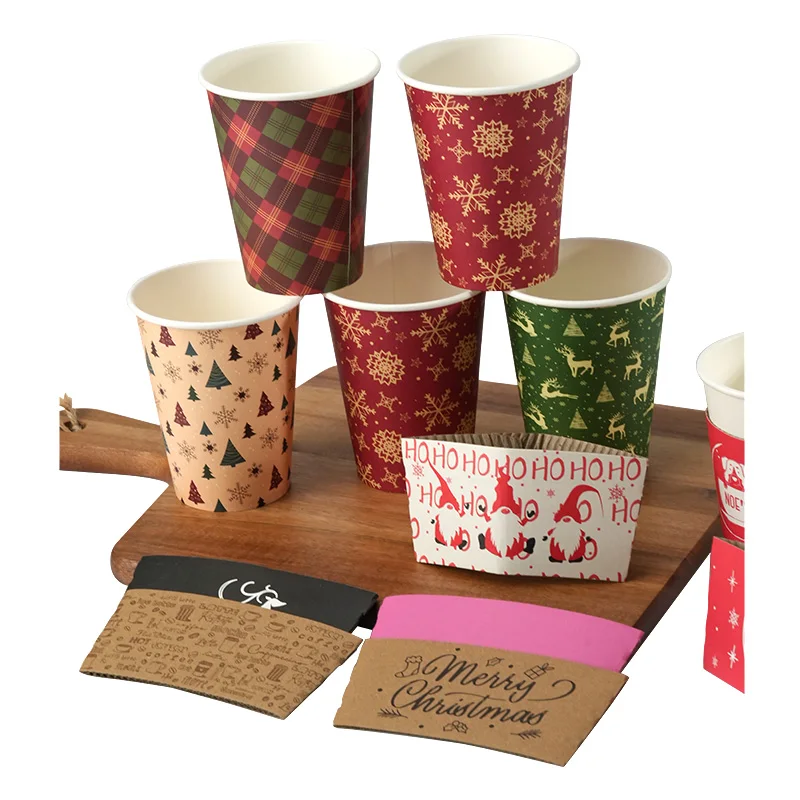 Disposable Biodegradable New Design Christmas Style Coffee Cups for Hot Drink Single Double Wall Paper Cups