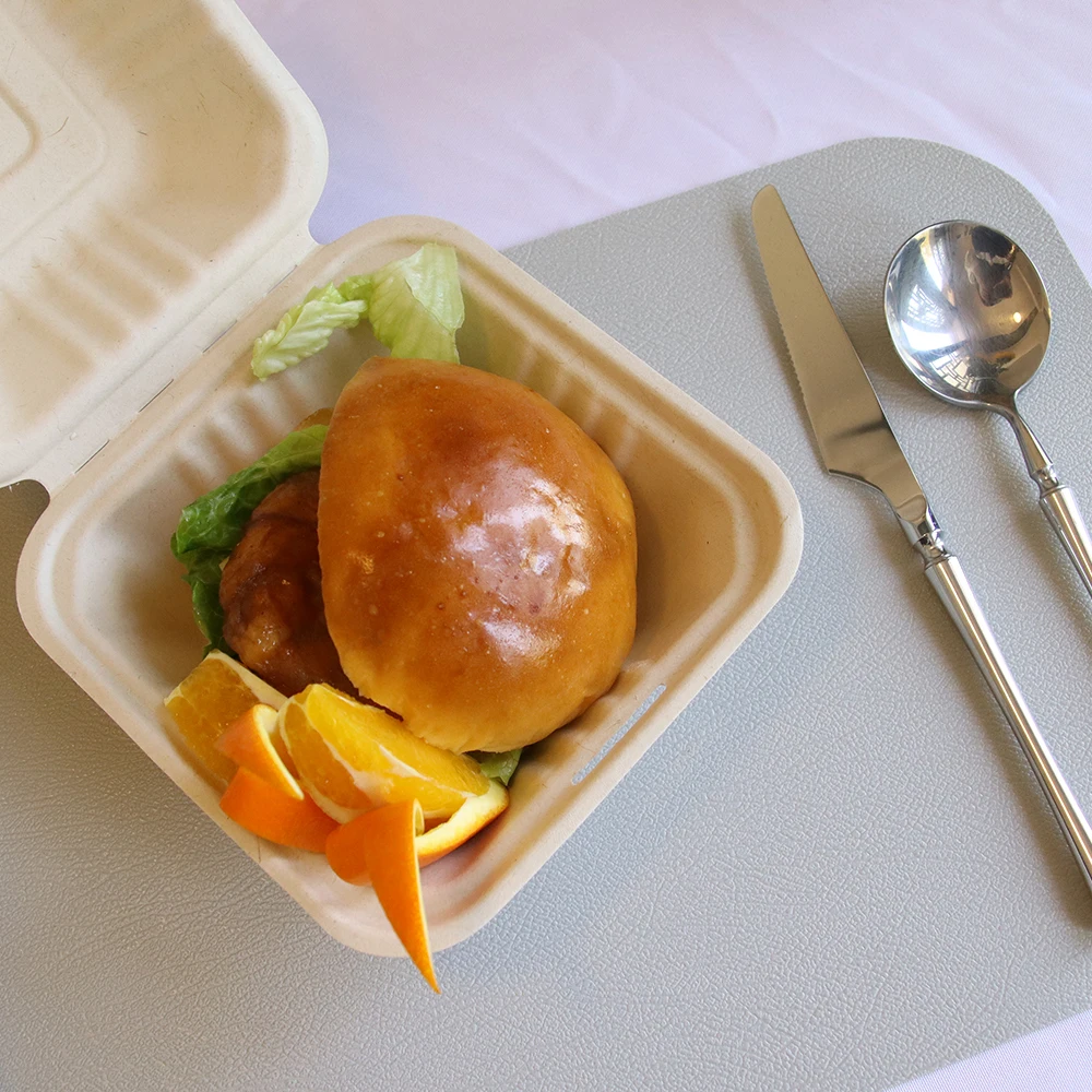5 inch Hot SaleBiodegradable Bagasse Food Hinged Container  Disposable Sugarcane Pulp Lunchboxes