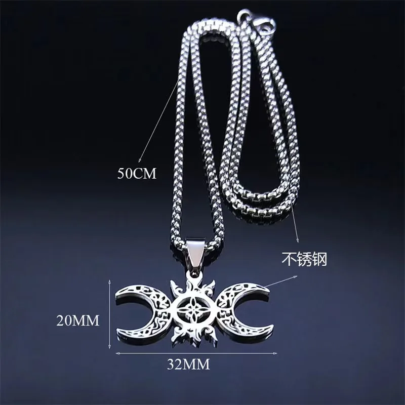 Fashion popular stainless steel jewelry three-layer Moon Pentagram pendant Halloween Witch necklace wholesale
