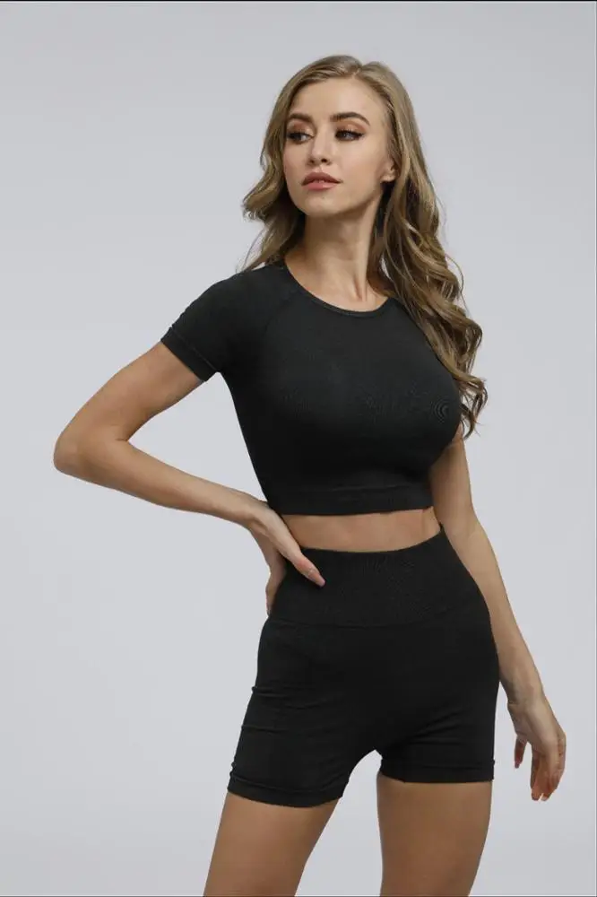 Seamless Women Gym Apparel Yoga Short Set High Waist Shorts And Shorts Sleeve Top Sports Wear