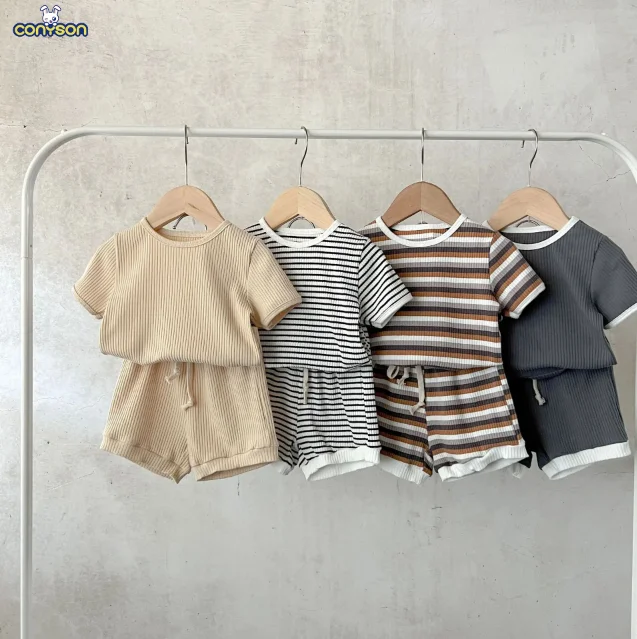 Conyson Korean Version Summer Kids Baby Girls Boys Short Sleeve Striped Tees +shorts Pants Infant Cute Pure Cotton Clothing Set