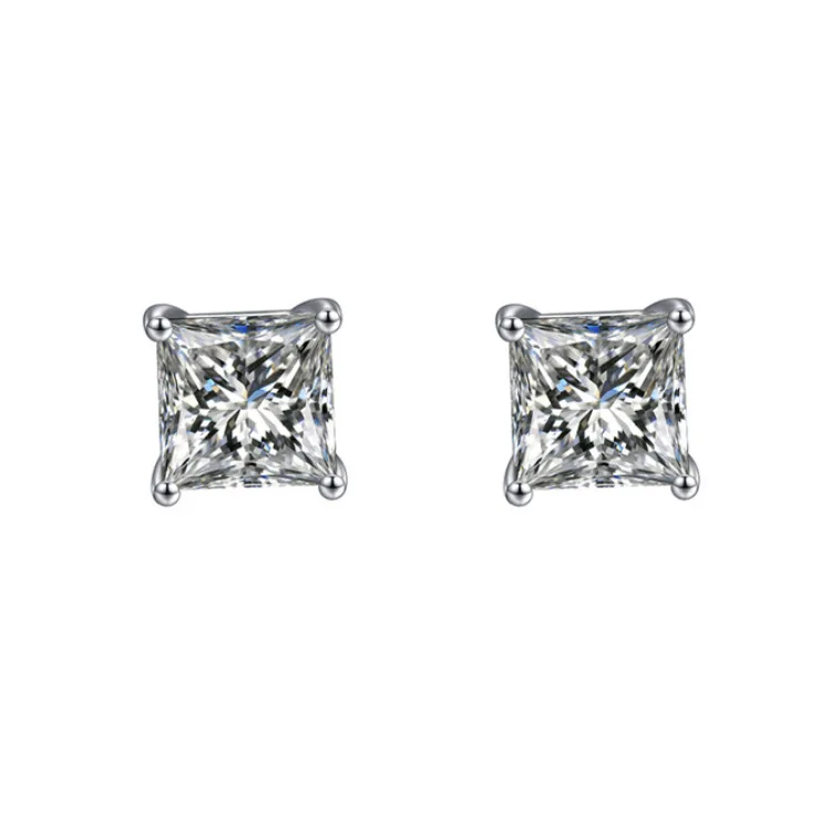 S925 Sterling Silver Square Diamond Four Claw Earrings for Men and Women Super Flash Single Diamond Senior Sense Earrings