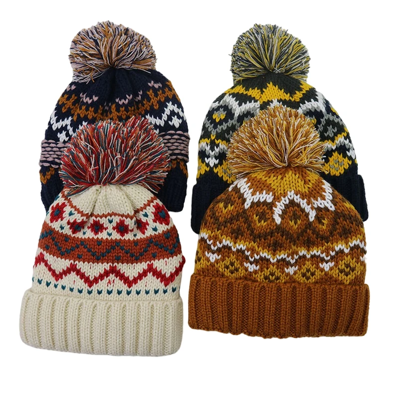 Fashion Pattern Fleece Lining Outdoor Toque Ski Beanie Knitted Hats Beanie Custom Hats