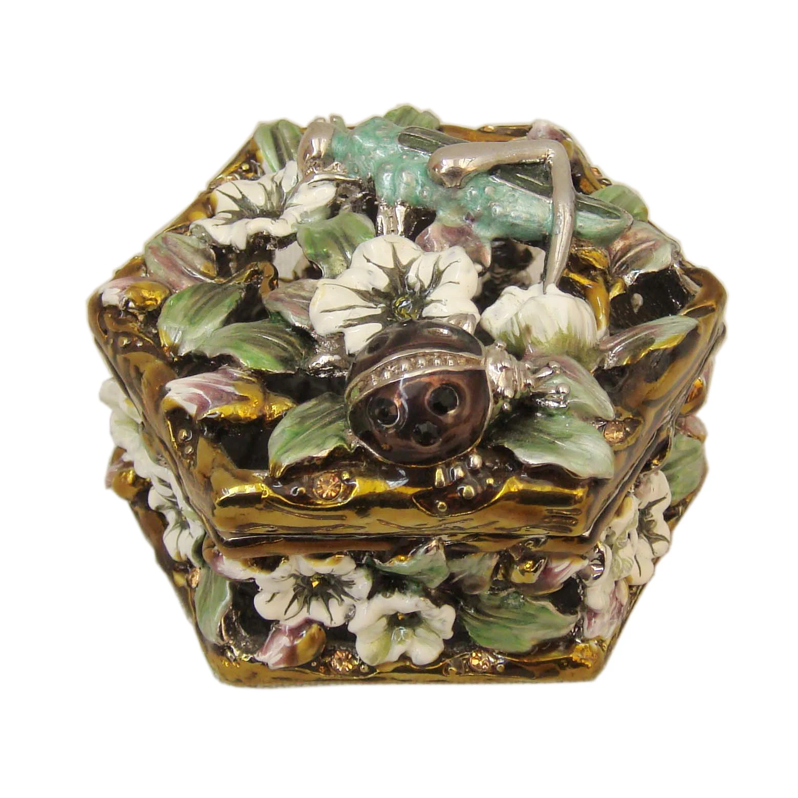 Silver Green White Jeweled Flowers With Ladybird And Locust Hexagon Metal Zinc Alloy Jewelry Trinket Box