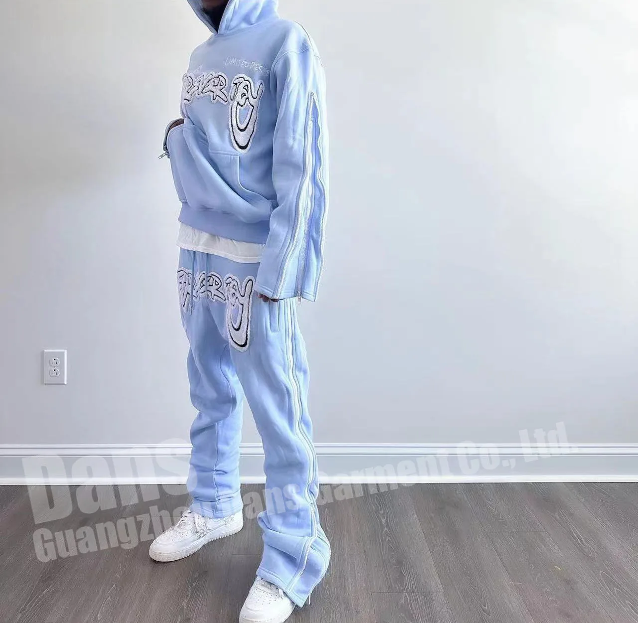 Custom Sweat Pants Sweatsuit Chenille Embroidery Jogger Tracksuit Fleece Cotton Stacked Flare Sweatpants And Hoodie Set For Men