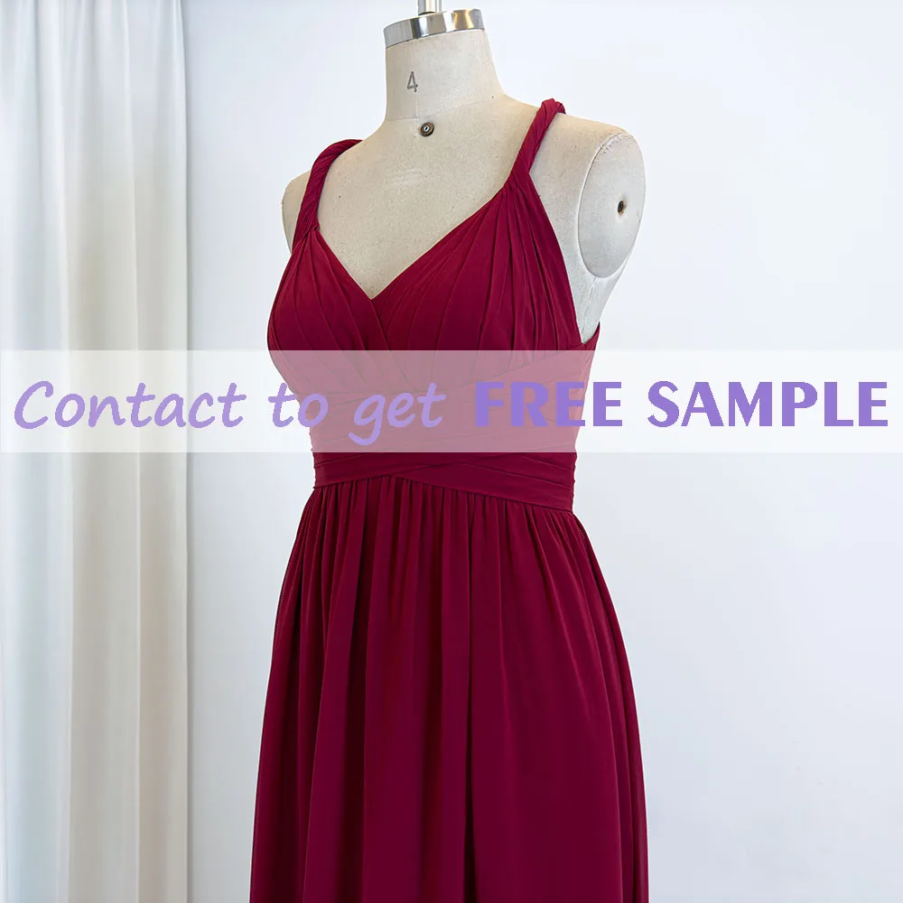 TEENYEE 2024 Red Criss-Cross Deep V-Neck Evening Party Dress for Women Chiffon Bridesmaid Dress Empire Waist Sleeveless Design