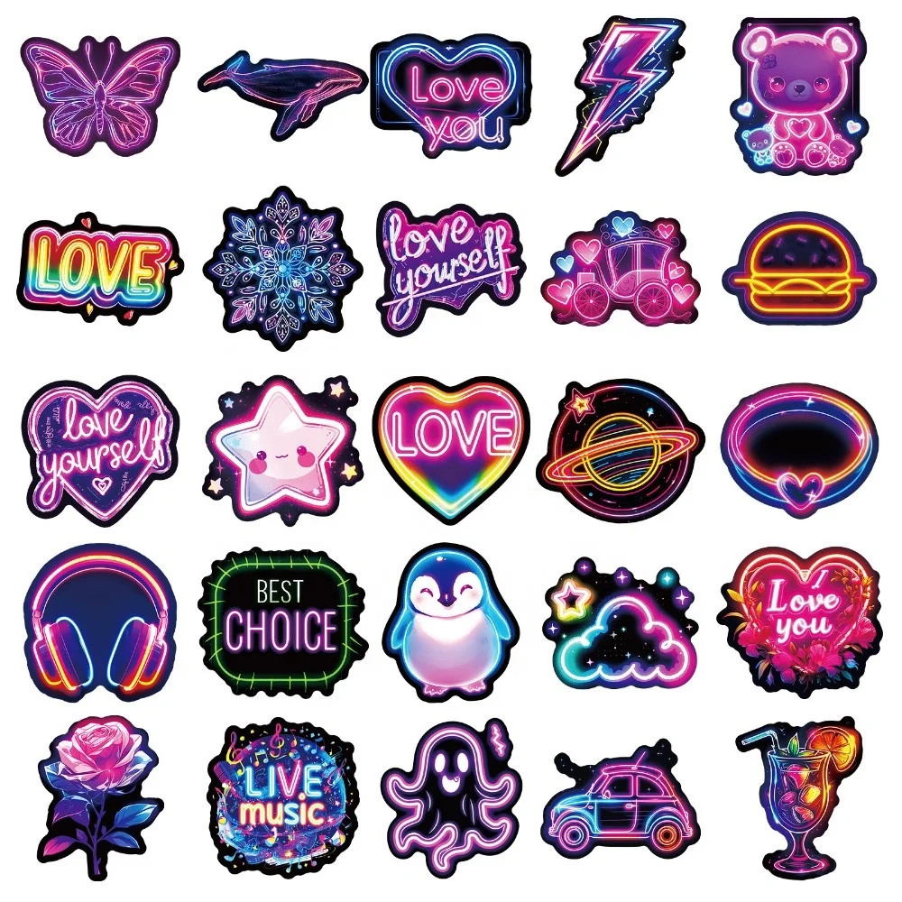 50pcs/Bag, Neon Hand-painted Waterproof Stickers with Cool Dark Purple Personality Decorative Stickers, T01042238