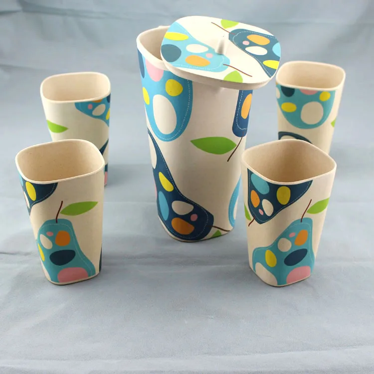 bamboo fiber fashion eco-friendly blue printed color cup bowl plate jug dinner set