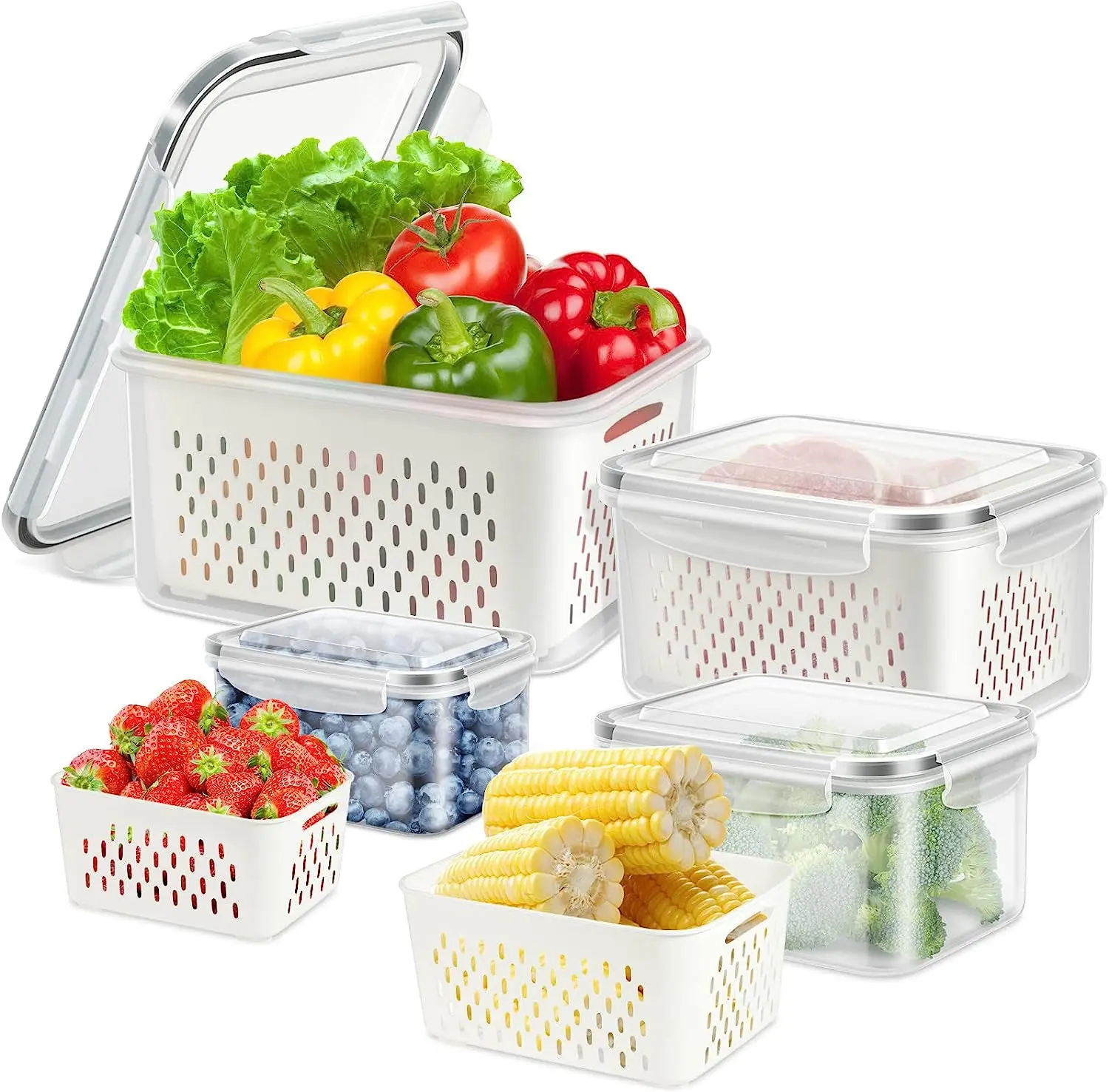 Modern Design BPA-Free Refrigerator Storage Container Box Storage Lockers Rectangle Vegetable Storage Box with Drain Basket