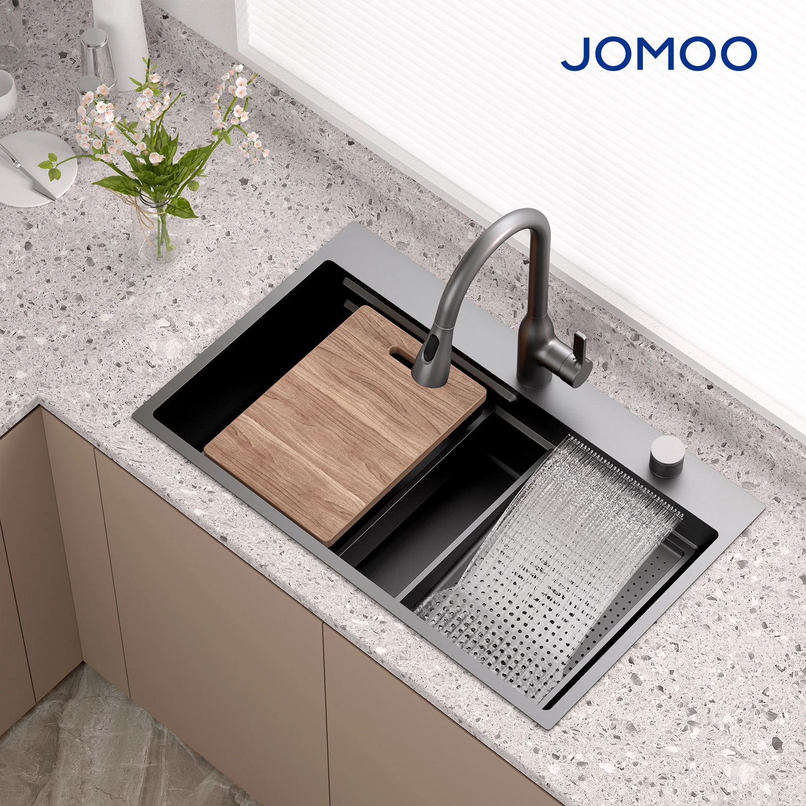 JOMOO Single Bowl Kitchen Sink Nano-coating Waterfall Faucet Anti-microbial Kitchen Sink Set 304 Stainless Steel 3mm Thickness