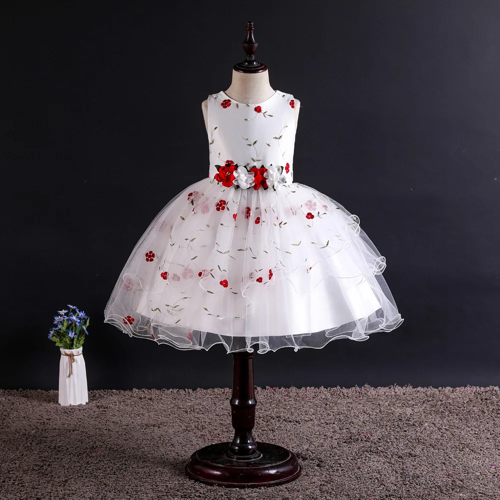 New Style Rose Pattern Girls Sleeveless Dress Kids Birthday Party Princess Dresses Wholesale