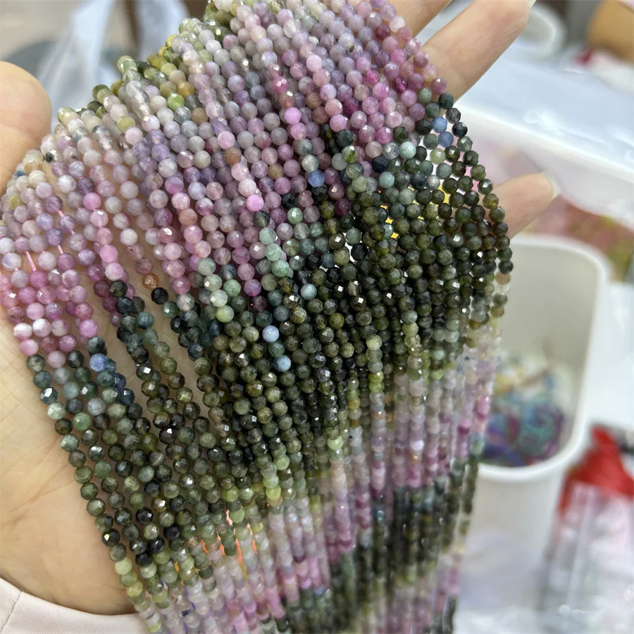 HUI RUI Wholesale 2mm 3mm Gradient Colorful Tourmaline Faceted Round Sand Loose Beads For Jewelry Making Design Diy