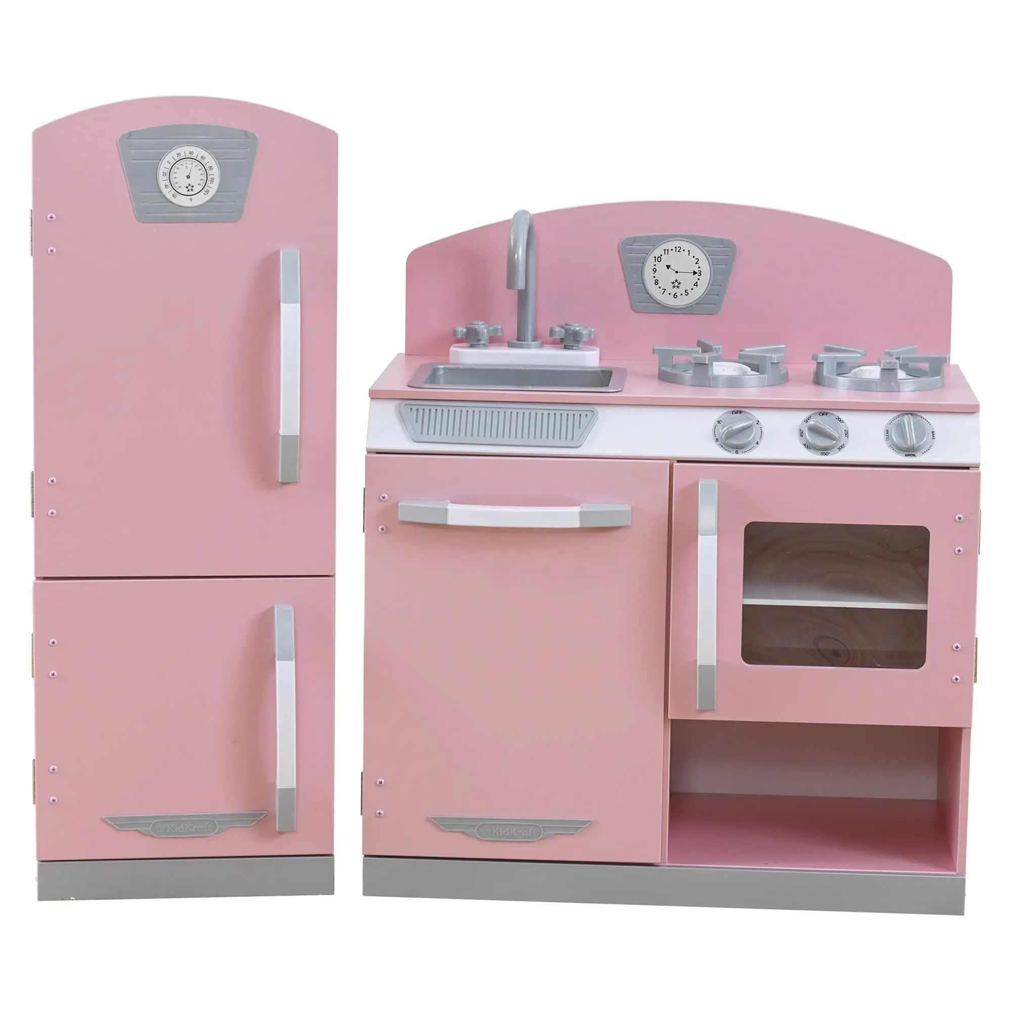 Retro Wooden Play Kitchen and Refrigerator 2-Piece Set with Faucet, Sink, Burners and Working Knobs, Pink, Gift for Ages 3+