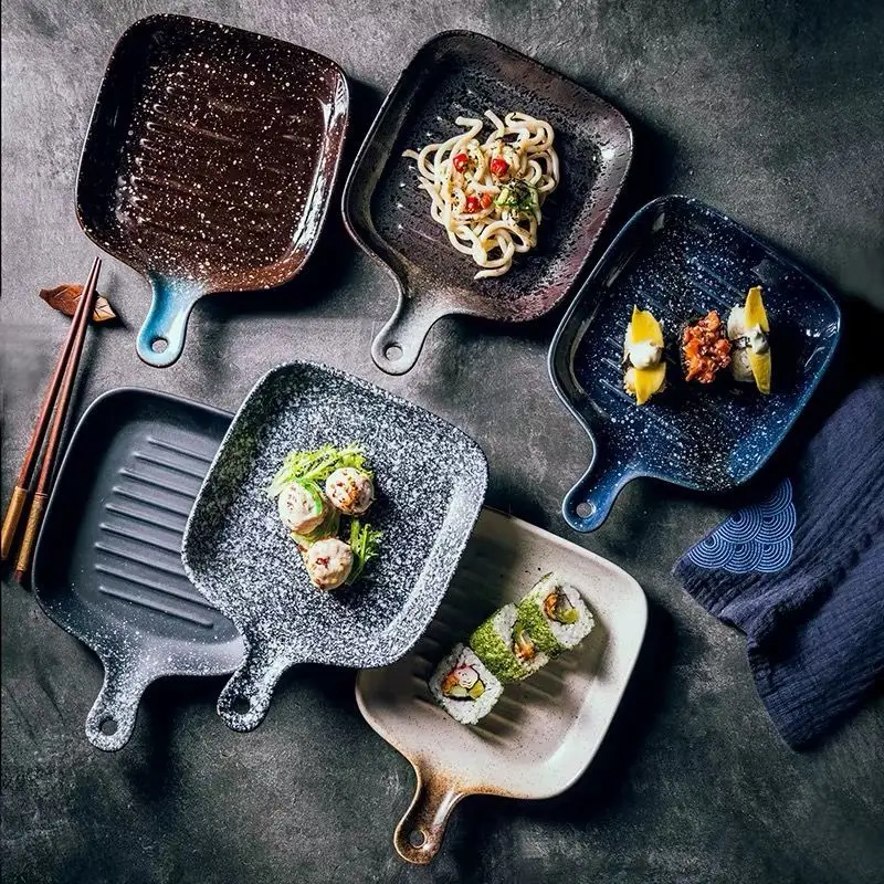 Ceramic baking dish with handle color glaze plate surface rectangular shape with handle