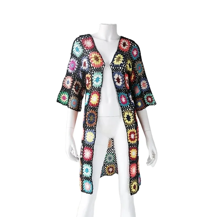 Colorful Floral Long Cardigan Elastic Crochet Beach Coats Hollow Party Midi Casual Dress Coats Handmade Summer Autumn Wool Shell
