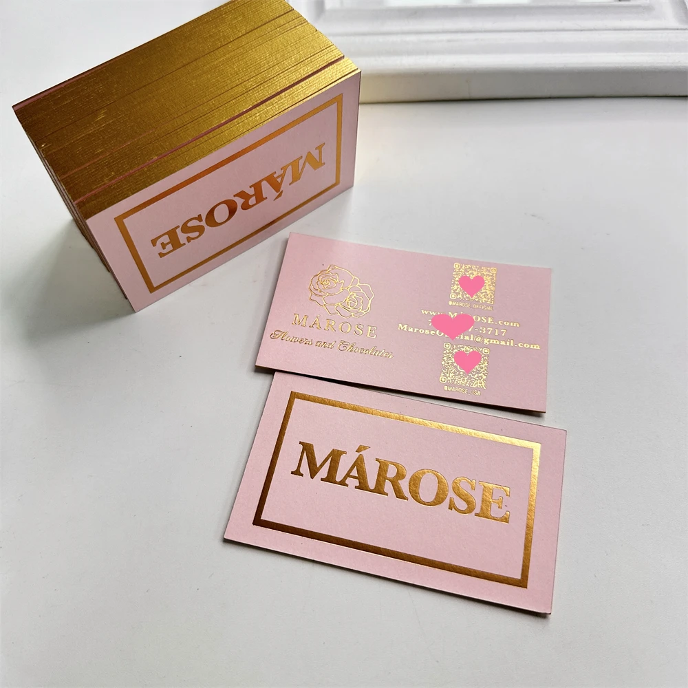 Custom Visiting Card Luxury Pink Embossed Business Card Printing With Gold Foil Stamping Printed Logo Thank You Card