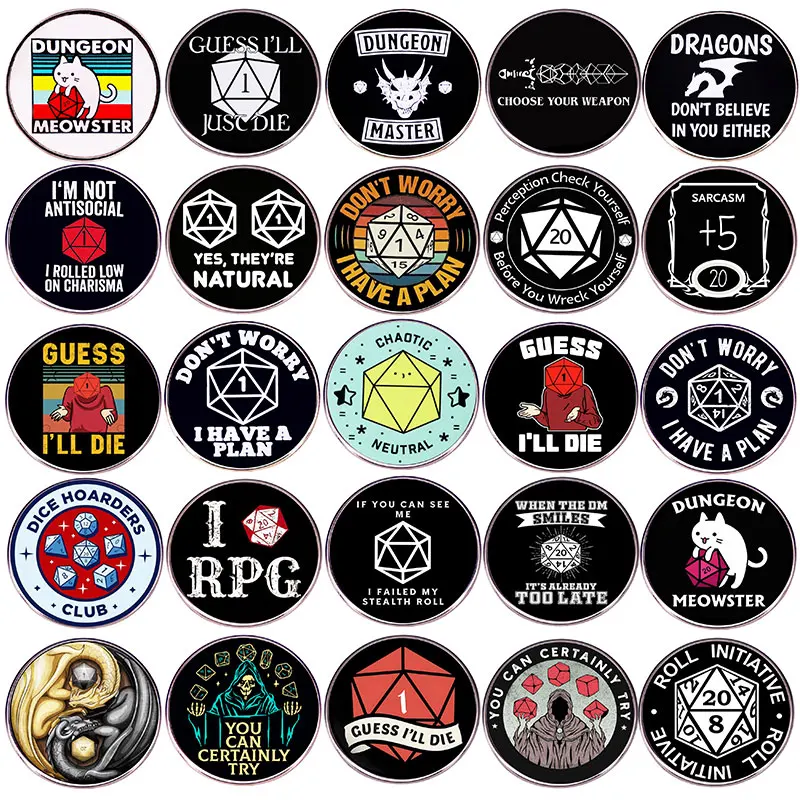 RPG Game Dungeon Enamel Pins Dragon DnD Dice D20 Metal Brooch Badge Jewellery Backpack Accessory Gifts