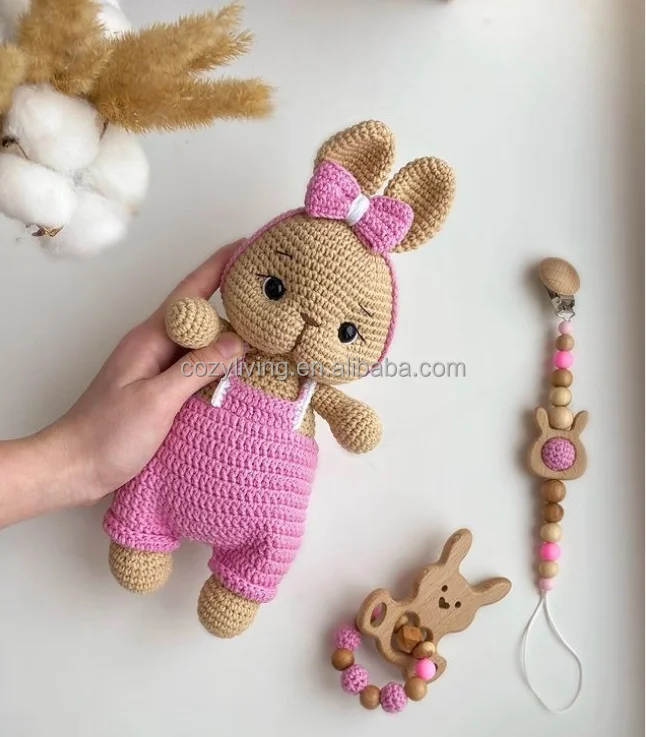Crochet Kids Bunny Wearing Purple Dress Toys Wooden Baby Teething and Baby Rattle  Amigurumi Safety Toys