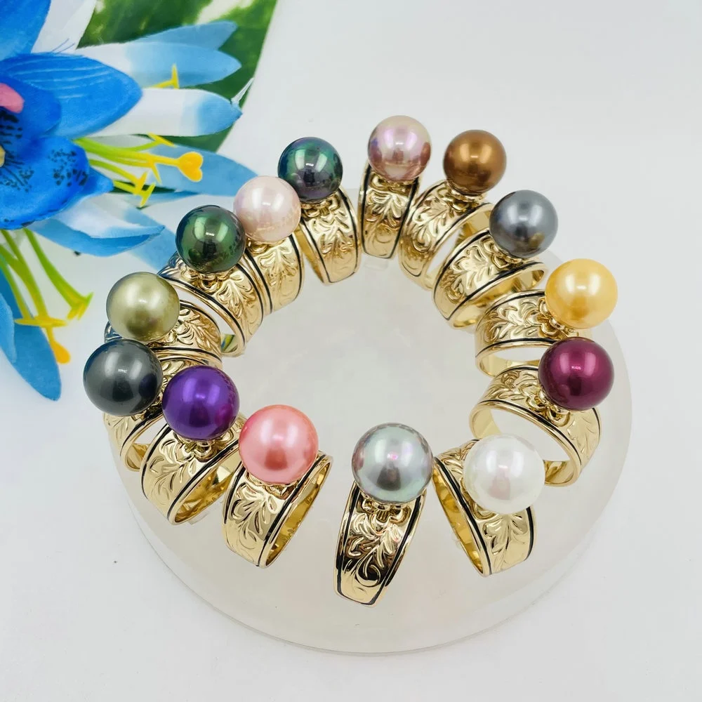 JX113 pearl ring 15 colors 6 sizes all ready to ship 12mm wide ring with 12mm shell pearls Hawaiian plumeria ring Samoan jewelry