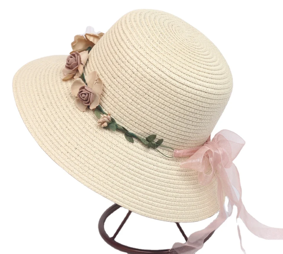 Lady Round Top Wide Brim Straw Hats UV Protection Plain Beach Straw Hats