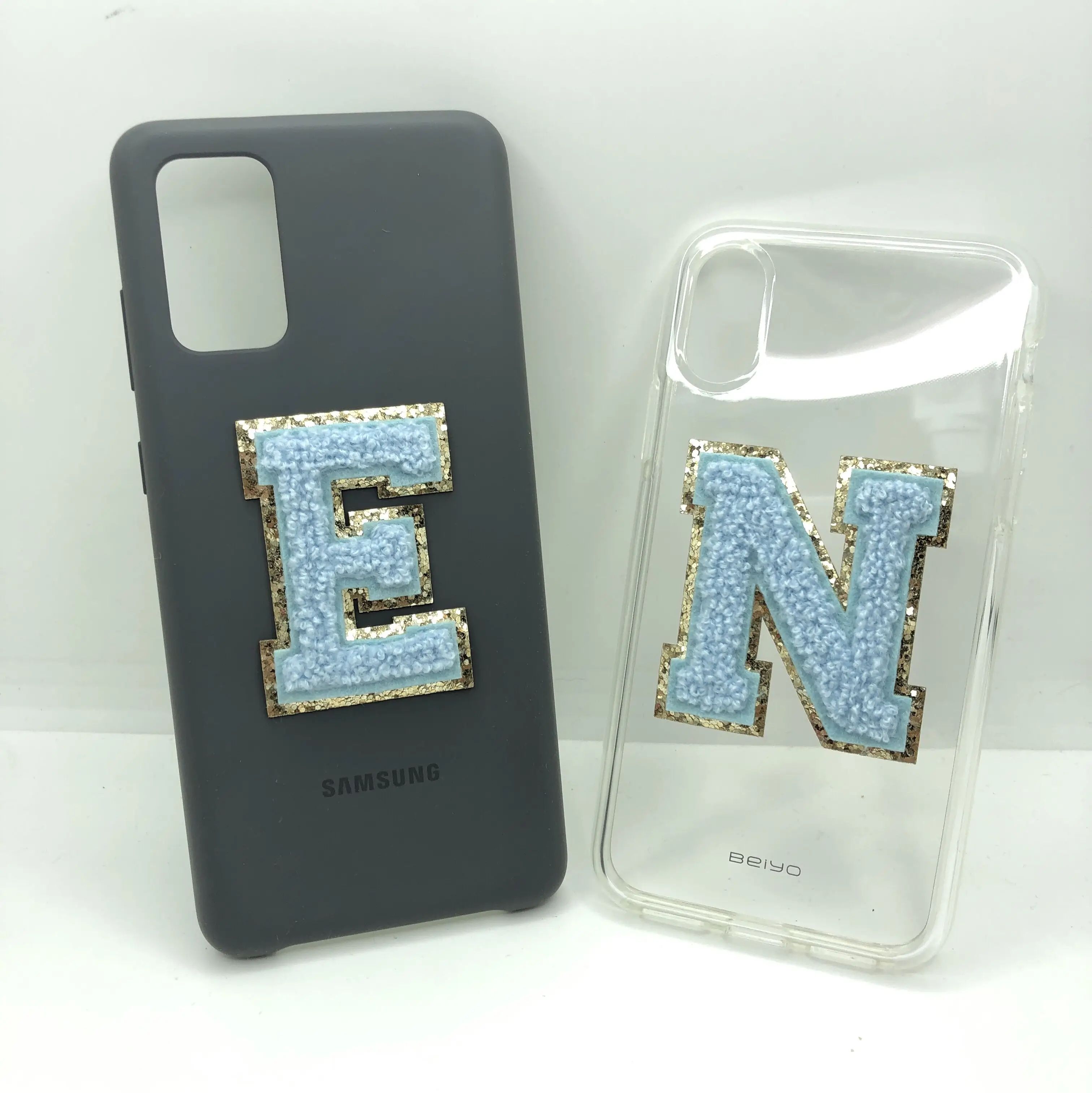 Custom Varsity Light Blue Chenille Glitter Letter Patches  Phone Case Chenille Leather A-Z Patch Embroidery