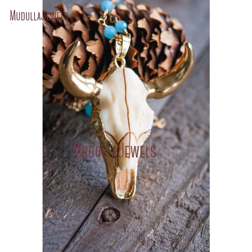 NM10813 Golden Cow Skull Necklace Cattle Bull Skull Charm Necklace Cowgirl Jewelry Beads Rosary Chain OX head Longhorn Necklace