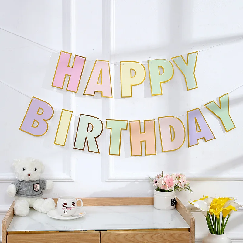 Wholesale happy birthday Party Flag decoration Pulling gold edge colorful Style Boys and Girls party decor Hanging Flag