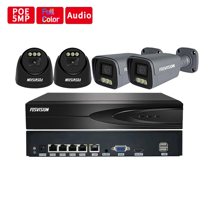 Fosvision Hd 4ch 5MP Poe Nvr Camera Kit Surveillance full color Camera System  Set 4 Channel Nvr Home Security Cctv System