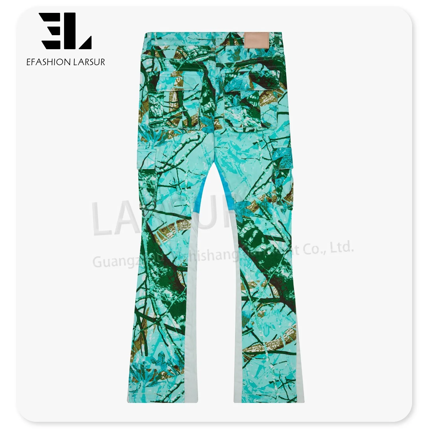 LARSUR Custom denim factory twill full print tree camo pants slim cargo flare jeans men camouflage denim carpenter pants for men