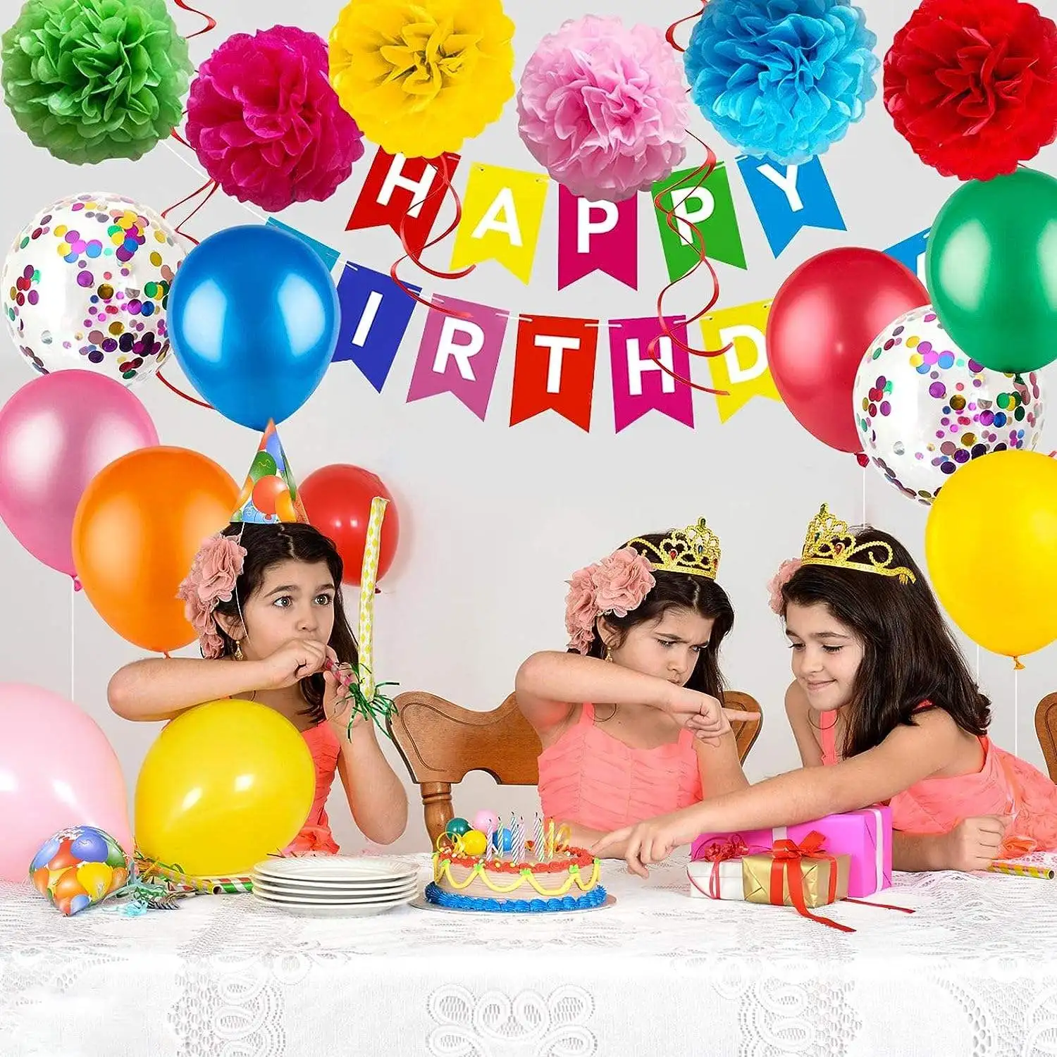 Colorful Latex Balloon Birthday Banner with Hanging Swirls Paper Garland Cake Topper for Baby Shower Party Decorations
