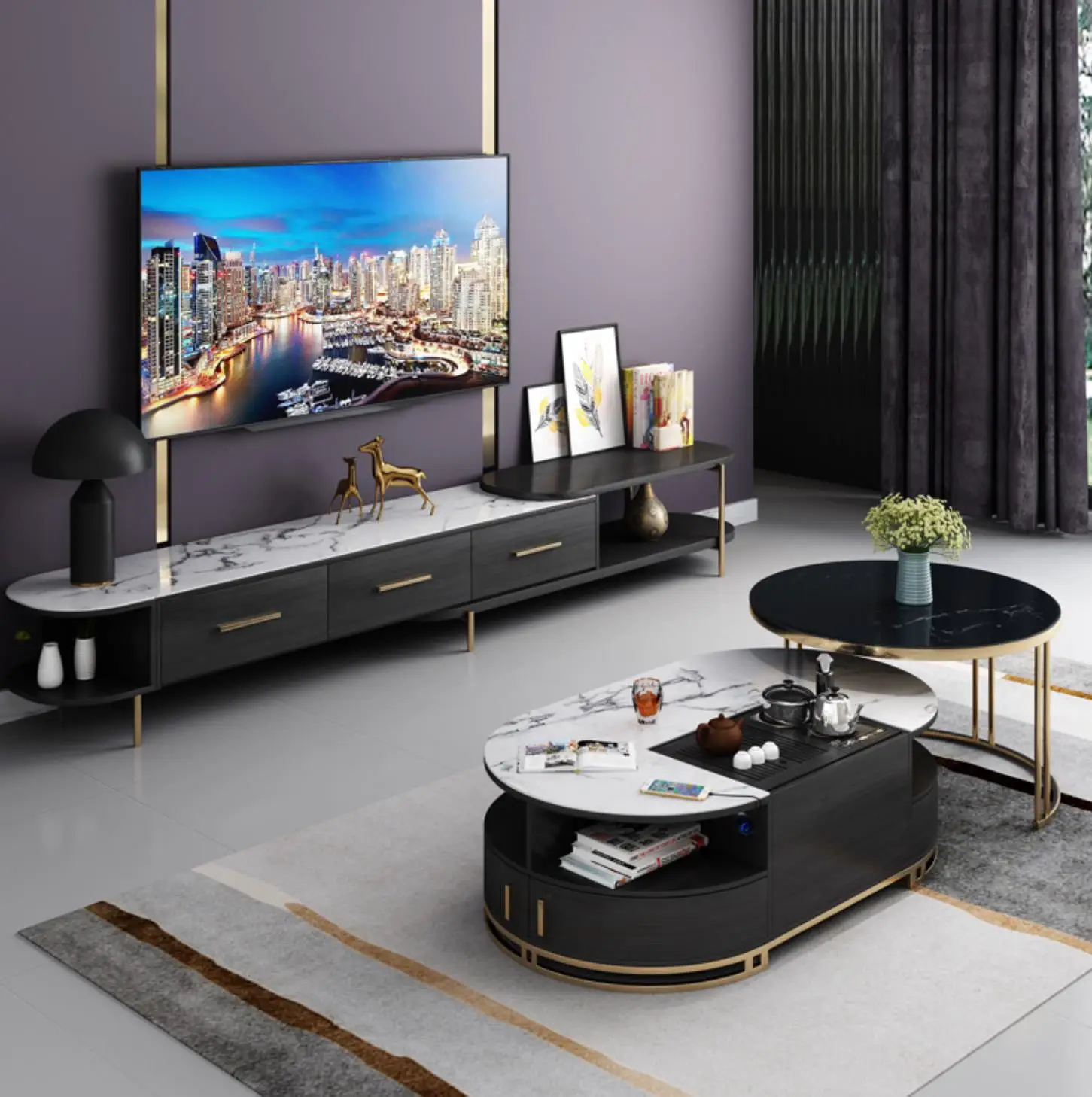 Nordic Electric Lifting Kung Fu TV Cabinet Combination Set Luxury Creative Multifunctional Tea  USB charger Coffee Table