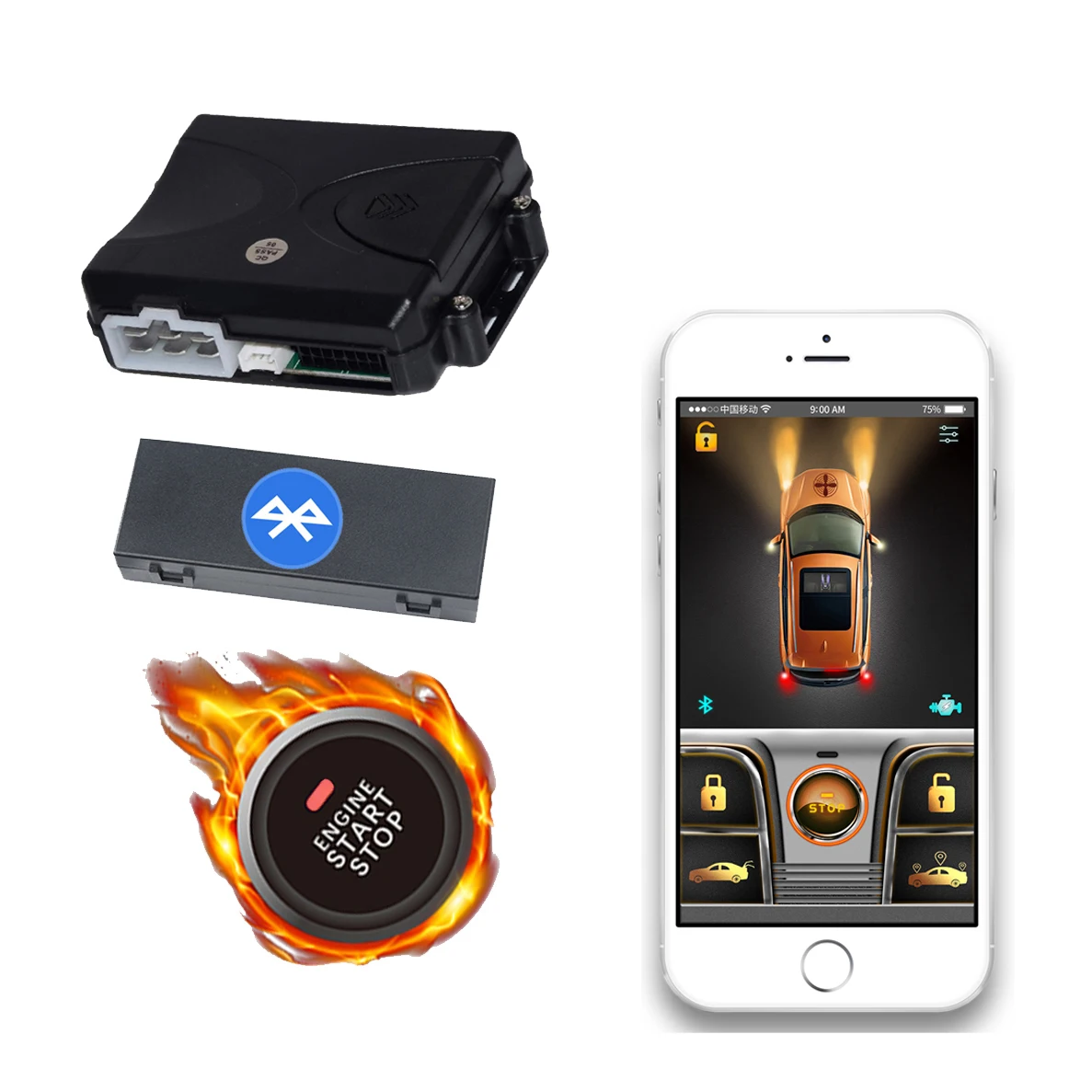 Одна кнопка запуска, удаленный запуск двигателя, блокировка, разблокировка через приложение для телефона, Автомобильная сигнализация, удаленный запуск