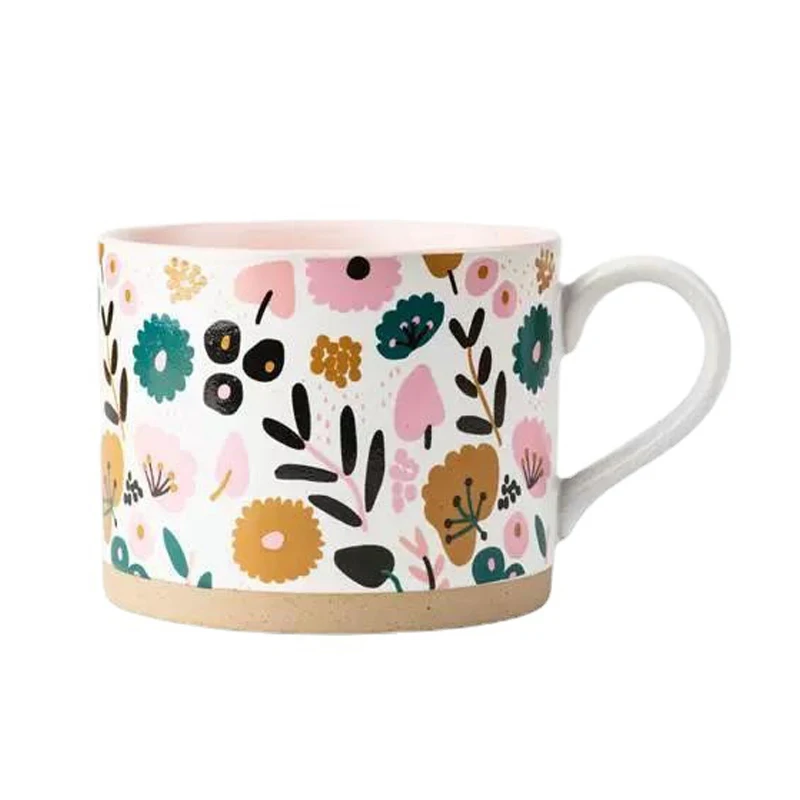 Creative Floral Mugs Lovely Ceramic Coffee Breakfast Mugs INS Style Flower Design Porcelain Mugs Vintage Big Belly Coffee Cup
