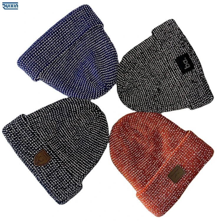 Reflective Material  Polar Fleece Inside Customized OEM Brand Hat bulk Beanie acrylic Custom Hat