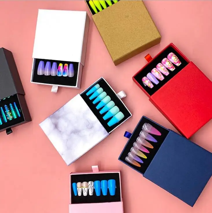 Logo printed sliding drawer slide cardboard press on nail packaging packing boxes