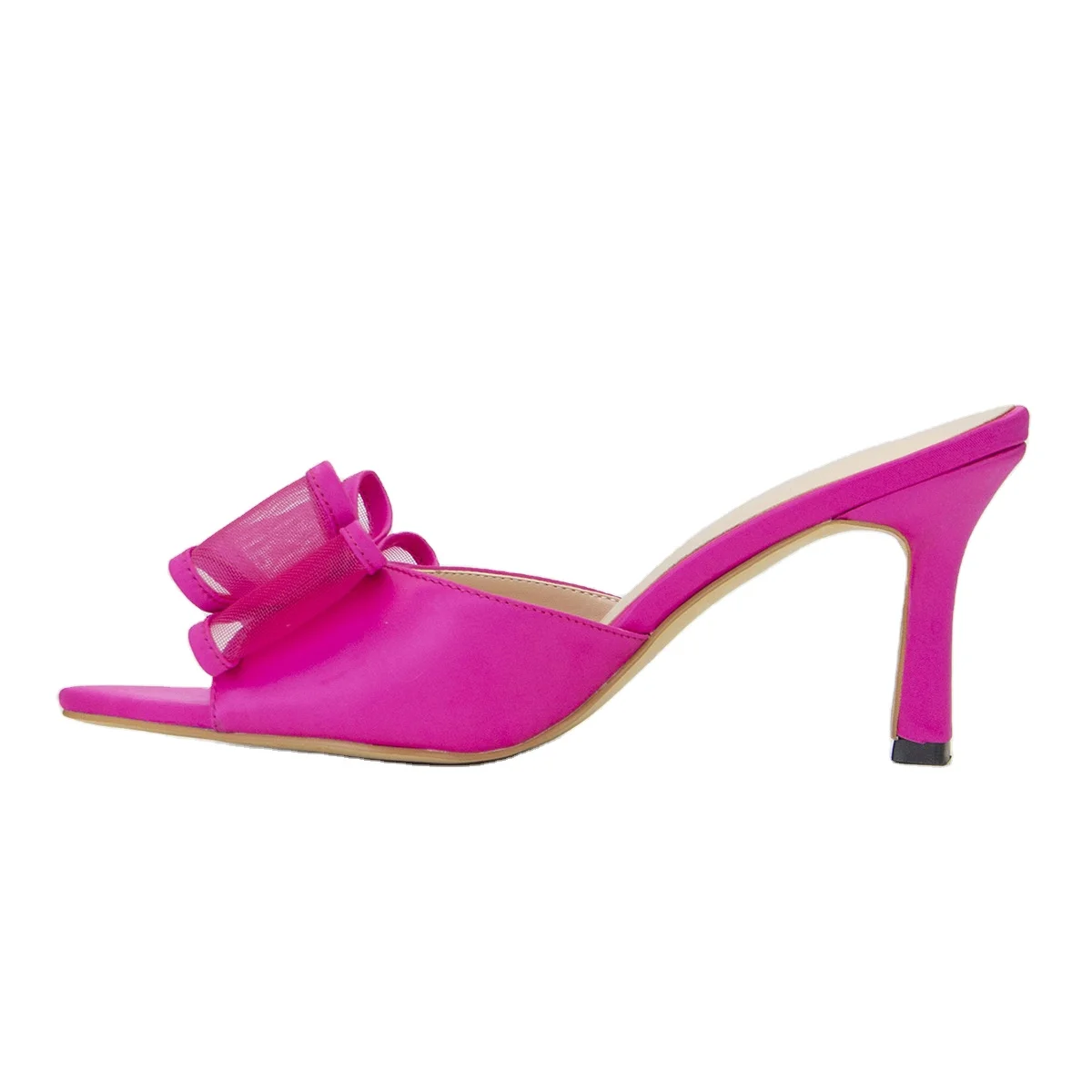 Custom women pointed toe large size satin sandals 6cm heel mesh bow tie ladies kitten heel mules slippers