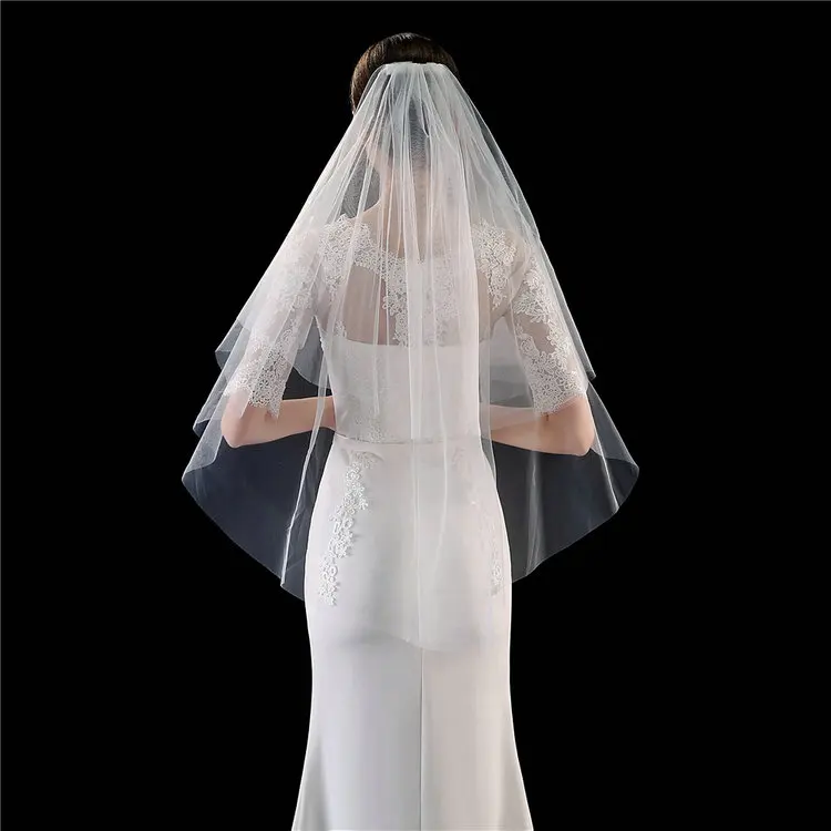 QS wholesale cheaper two layer party Wedding Bridal Veil with Comb White Ivory Cut Edge Waltz Length