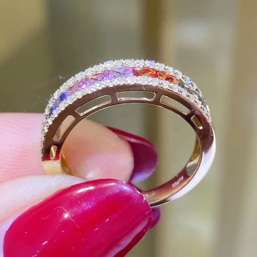 Color Sapphire Rainbow Pure 9K 10K 14K 18K Gold Jewelry Real Diamond Rings ring for women